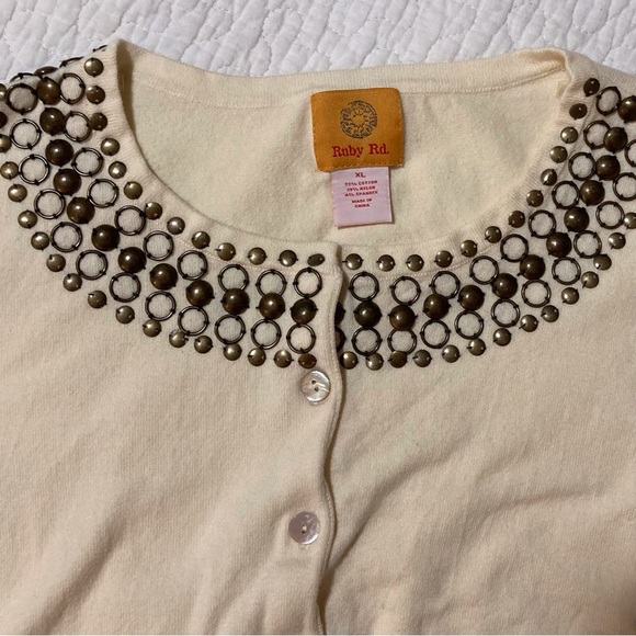 Ruby Rd Cream Cardigan with Embellished Neckline | Size XL | Elbow-length sleeve - Picture 5 of 8